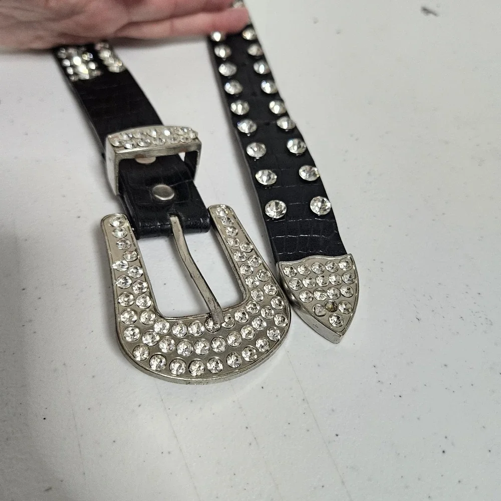 Beltiscool Belt Womens 35 Black Rhinestone Western Bling Croc Embossed Rockstar*
